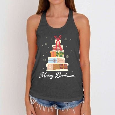 Funny Reading Lover Christmas Merry Bookmas Books Pine Tree Women's Knotted Racerback Tank