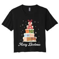 Funny Reading Lover Christmas Merry Bookmas Books Pine Tree Women's Crop Top Tee