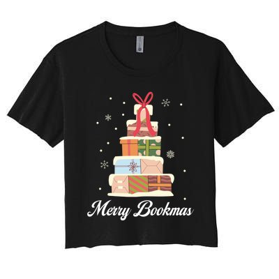 Funny Reading Lover Christmas Merry Bookmas Books Pine Tree Women's Crop Top Tee