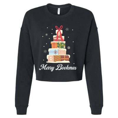 Funny Reading Lover Christmas Merry Bookmas Books Pine Tree Cropped Pullover Crew