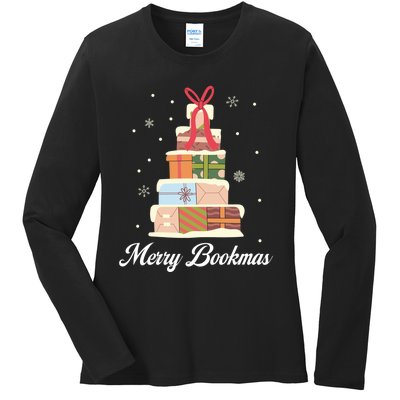 Funny Reading Lover Christmas Merry Bookmas Books Pine Tree Ladies Long Sleeve Shirt