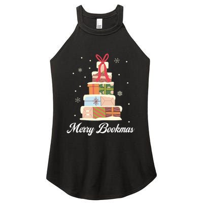 Funny Reading Lover Christmas Merry Bookmas Books Pine Tree Women's Perfect Tri Rocker Tank