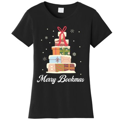 Funny Reading Lover Christmas Merry Bookmas Books Pine Tree Women's T-Shirt