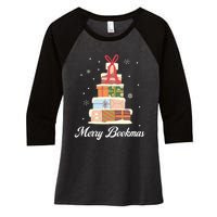 Funny Reading Lover Christmas Merry Bookmas Books Pine Tree Women's Tri-Blend 3/4-Sleeve Raglan Shirt