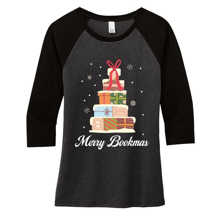 Funny Reading Lover Christmas Merry Bookmas Books Pine Tree Women's Tri-Blend 3/4-Sleeve Raglan Shirt