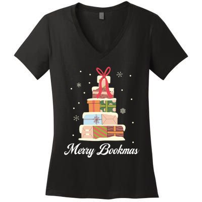 Funny Reading Lover Christmas Merry Bookmas Books Pine Tree Women's V-Neck T-Shirt