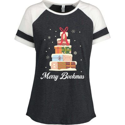 Funny Reading Lover Christmas Merry Bookmas Books Pine Tree Enza Ladies Jersey Colorblock Tee