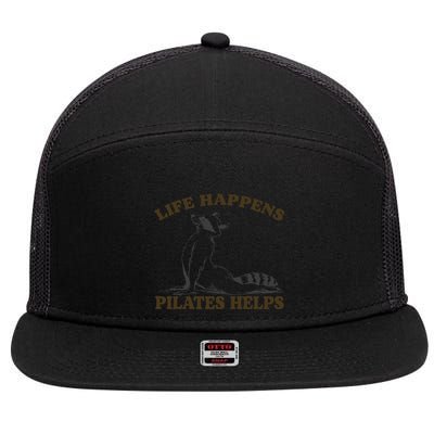 Funny Racoon Life Happens Pilates Helps Quote Motivation 7 Panel Mesh Trucker Snapback Hat