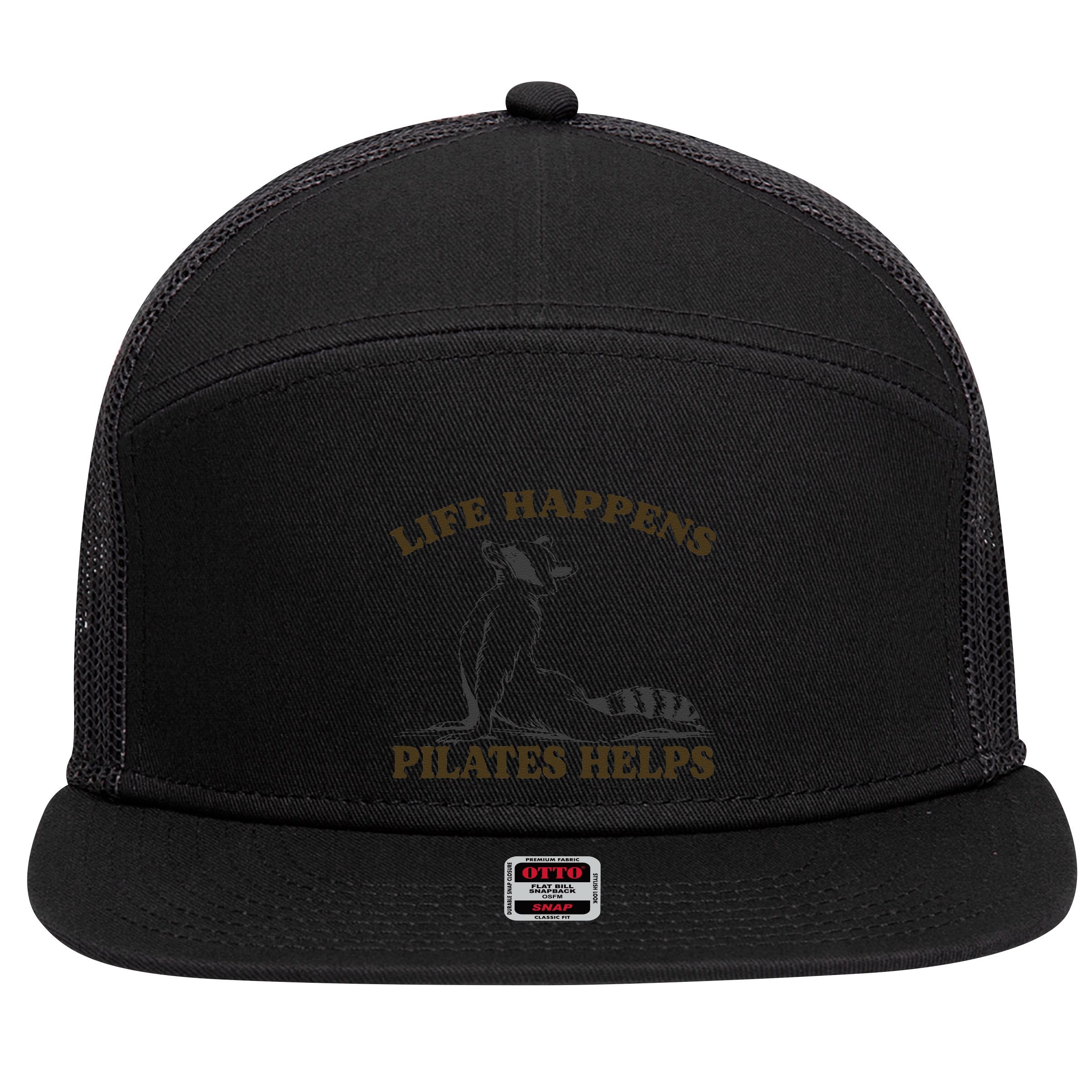 Funny Racoon Life Happens Pilates Helps Quote Motivation 7 Panel Mesh Trucker Snapback Hat