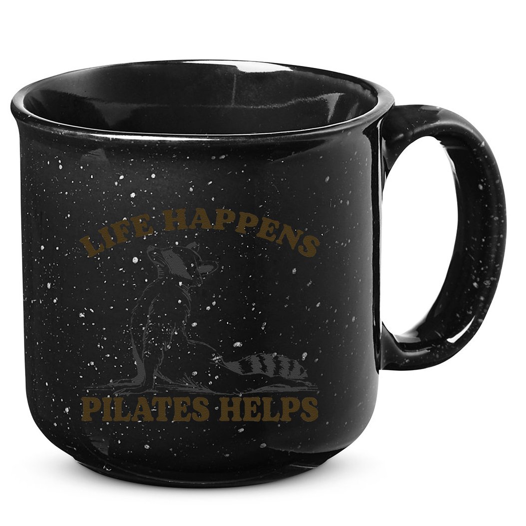 Funny Racoon Life Happens Pilates Helps Quote Motivation 15oz Campfire Ceramic Mug
