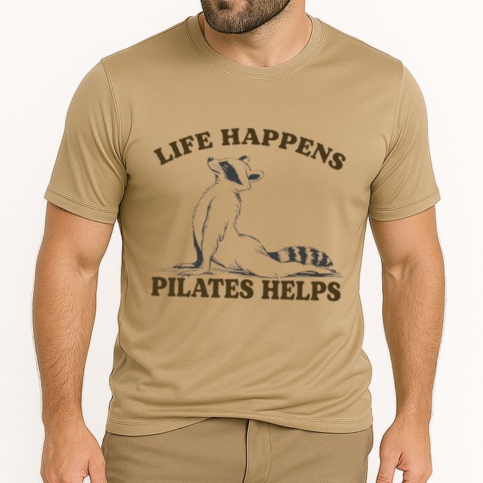 Funny Racoon Life Happens Pilates Helps Quote Motivation Cooling Performance Crew T-Shirt