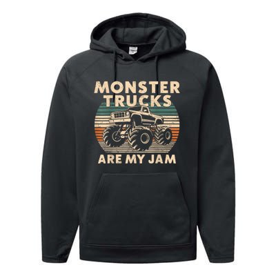 Funny Retro Monster Trucks Are My Jam Gift Performance Fleece Hoodie