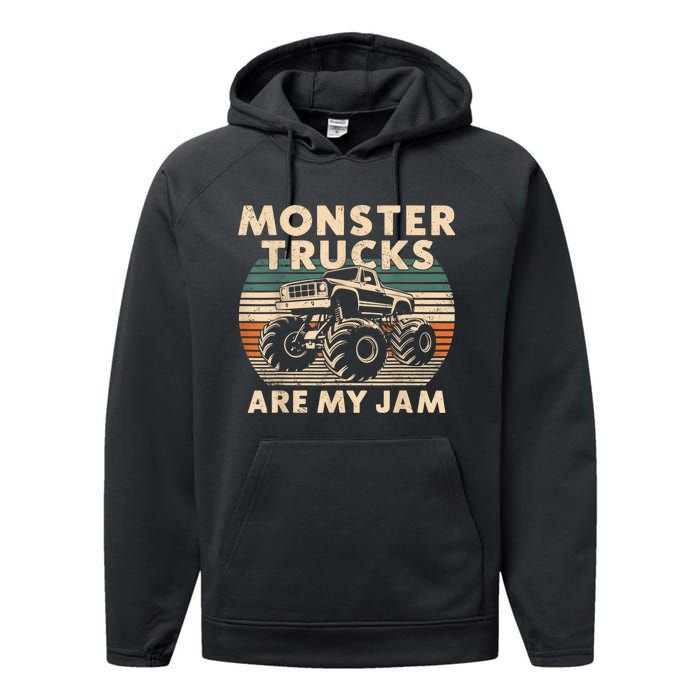 Funny Retro Monster Trucks Are My Jam Gift Performance Fleece Hoodie