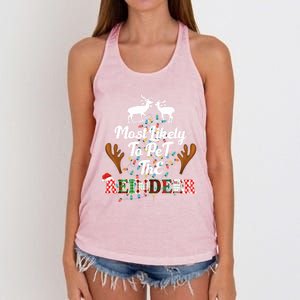 Funny Reindeer Most Likely To Pet The Reindeer Christmas Cute Gift Women's Knotted Racerback Tank