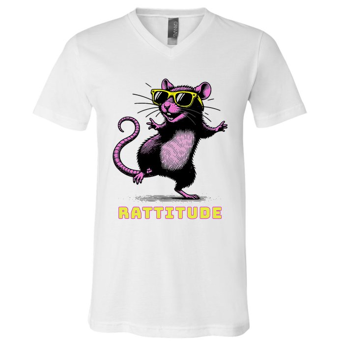 Funny Rat Meme Rattitude Rat Sunglasses Dancing V-Neck T-Shirt