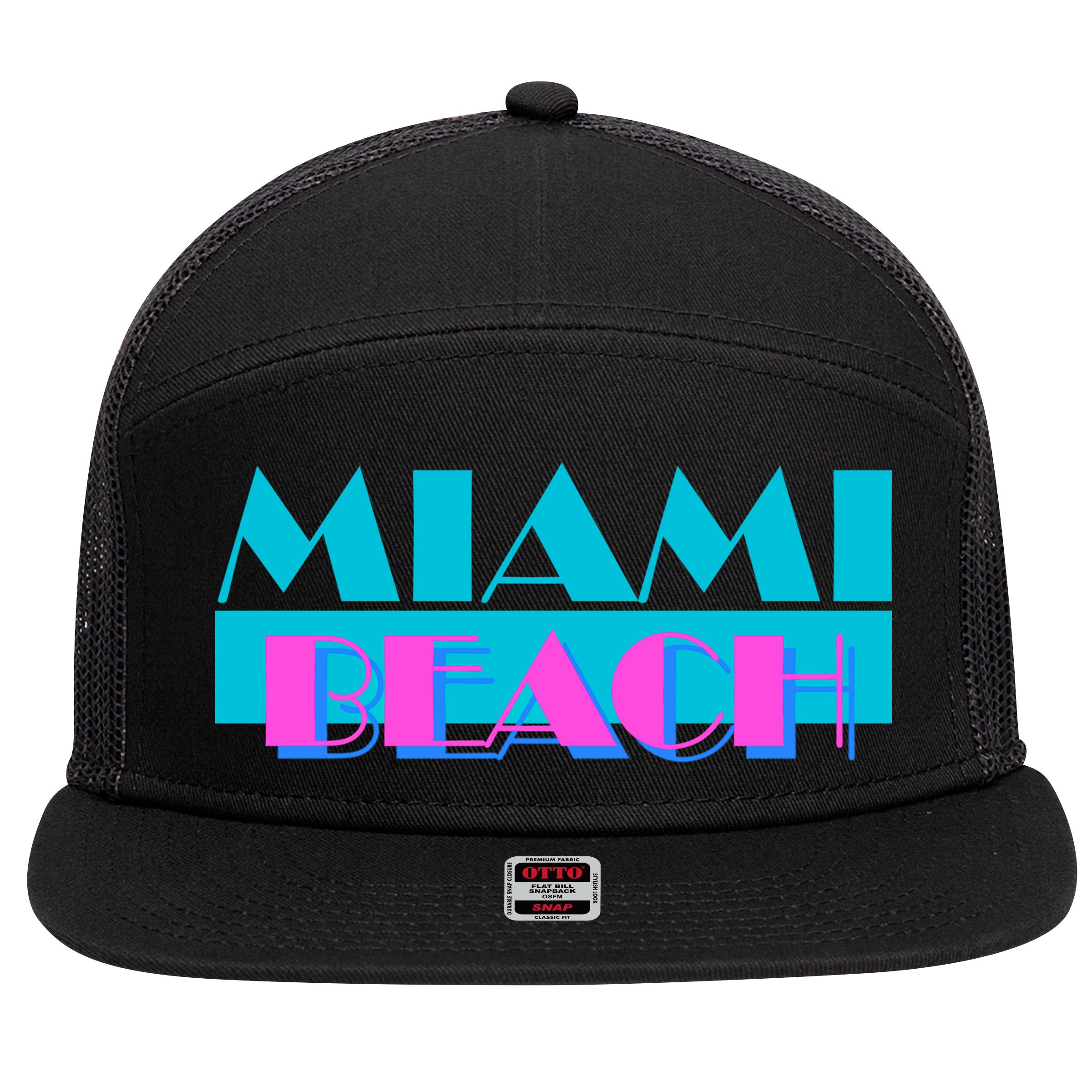 Funny Retro Miami Beach Logo 7 Panel Mesh Trucker Snapback Hat