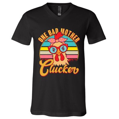 Funny Retro Mothers Day One Bad Mother Clucker Chicken V-Neck T-Shirt