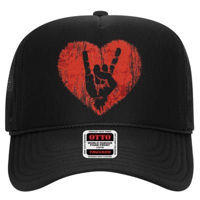 Funny Rock N Roll Music Lover Hand Horns Rock High Crown Mesh Back Trucker Hat