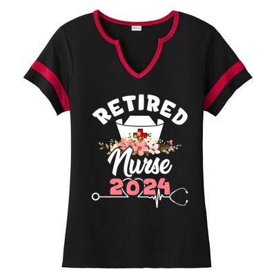 Flower Retired Nurse 2024 Floral Nursing Retirement Ladies Halftime Notch Neck Tee