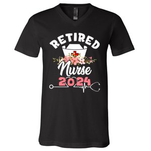 Flower Retired Nurse 2024 Floral Nursing Retirement V-Neck T-Shirt