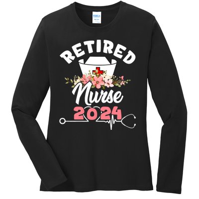 Flower Retired Nurse 2024 Floral Nursing Retirement Ladies Long Sleeve Shirt