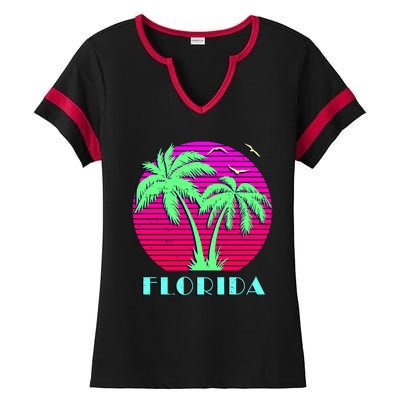 Florida Retro Neon Palm Trees Sunset Ladies Halftime Notch Neck Tee