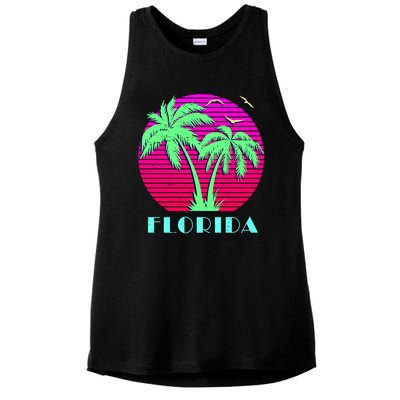 Florida Retro Neon Palm Trees Sunset Ladies PosiCharge Tri-Blend Wicking Tank