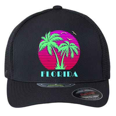 Florida Retro Neon Palm Trees Sunset Flexfit Unipanel Trucker Cap