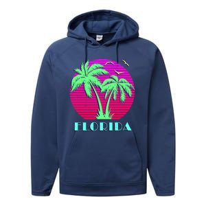 Florida Retro Neon Palm Trees Sunset Performance Fleece Hoodie