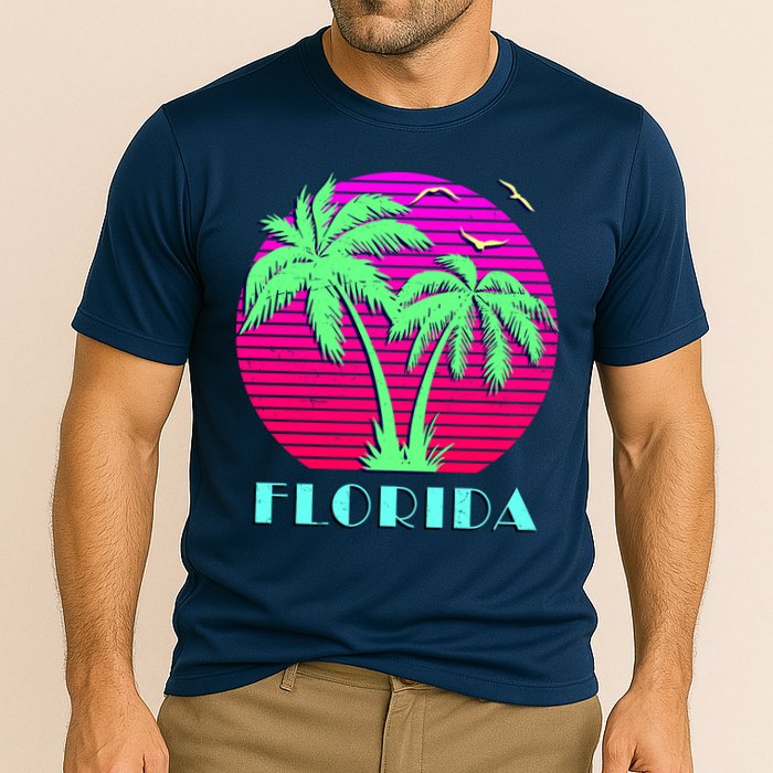 Florida Retro Neon Palm Trees Sunset Cooling Performance Crew T-Shirt