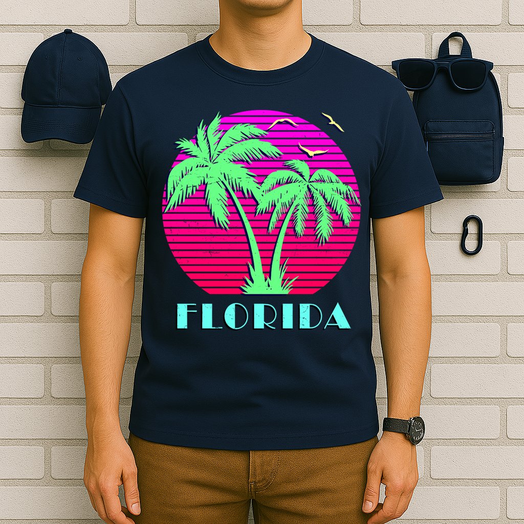 Florida Retro Neon Palm Trees Sunset T-Shirt