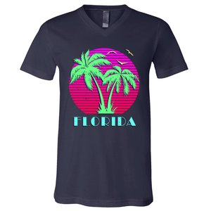 Florida Retro Neon Palm Trees Sunset V-Neck T-Shirt