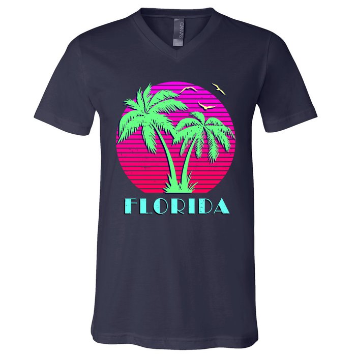 Florida Retro Neon Palm Trees Sunset V-Neck T-Shirt