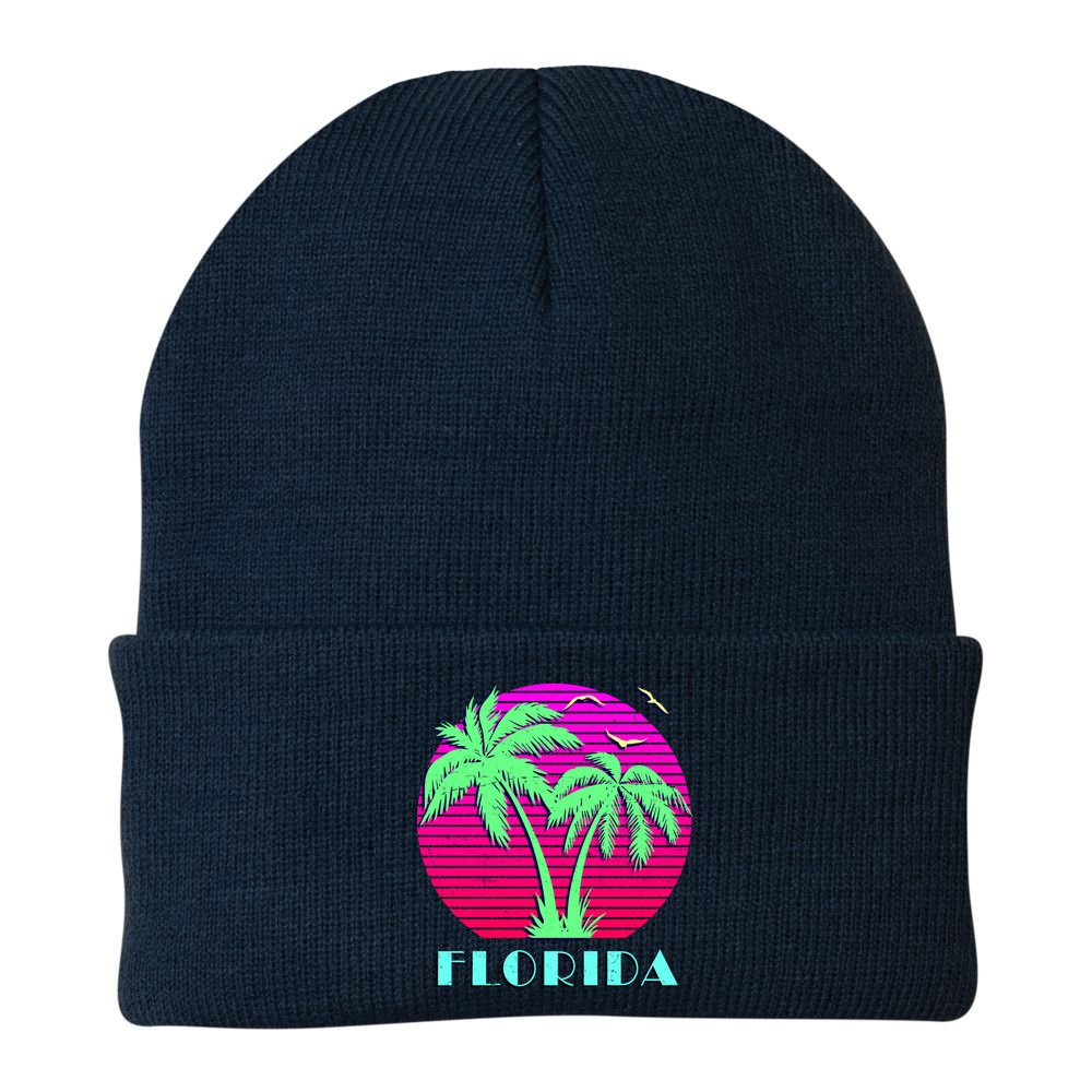 Florida Retro Neon Palm Trees Sunset Beanie