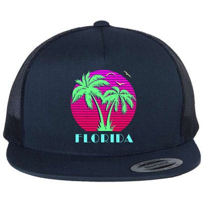 Florida Retro Neon Palm Trees Sunset Flatbill Hat