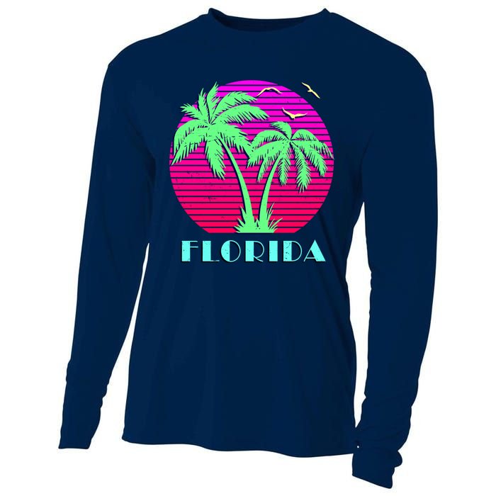 Florida Retro Neon Palm Trees Sunset Cooling Performance Long Sleeve Crew