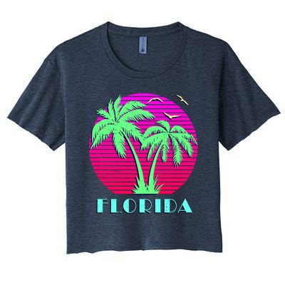 Florida Retro Neon Palm Trees Sunset Women's Crop Top Tee