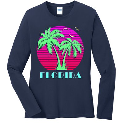 Florida Retro Neon Palm Trees Sunset Ladies Long Sleeve Shirt