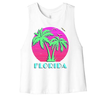 Florida Retro Neon Palm Trees Sunset Women's Racerback Cropped Tank