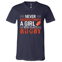 Funny Rugby Never Underestimate A Girl Who Plays Rugby V-Neck T-Shirt