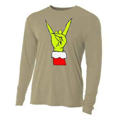 Funny Rock On Hand Christmas Rock & Roll Elf Xmas Cooling Performance Long Sleeve Crew