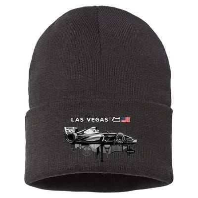 Formula Racing Open Wheel Car Las Vegas Circuit Usa Flag Sustainable Knit Beanie