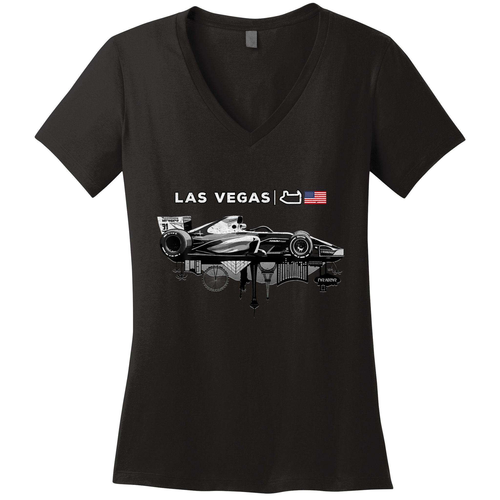 Formula Racing Open Wheel Car Las Vegas Circuit Usa Flag Women's V-Neck T-Shirt