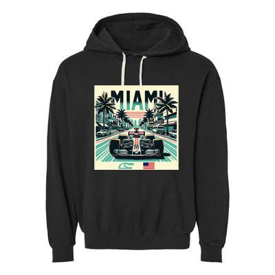 Formula Racing Open Wheel Car Retro Miami Circuit Usa Flag Garment-Dyed Fleece Hoodie