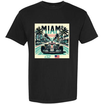 Formula Racing Open Wheel Car Retro Miami Circuit Usa Flag Garment-Dyed Heavyweight T-Shirt