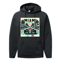 Formula Racing Open Wheel Car Retro Miami Circuit Usa Flag Performance Fleece Hoodie