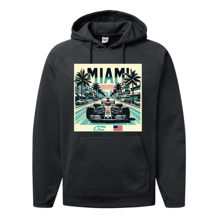 Formula Racing Open Wheel Car Retro Miami Circuit Usa Flag Performance Fleece Hoodie