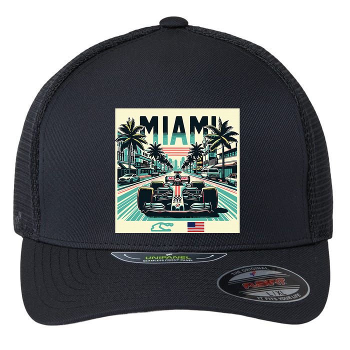 Formula Racing Open Wheel Car Retro Miami Circuit Usa Flag Flexfit Unipanel Trucker Cap