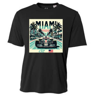 Formula Racing Open Wheel Car Retro Miami Circuit Usa Flag Cooling Performance Crew T-Shirt