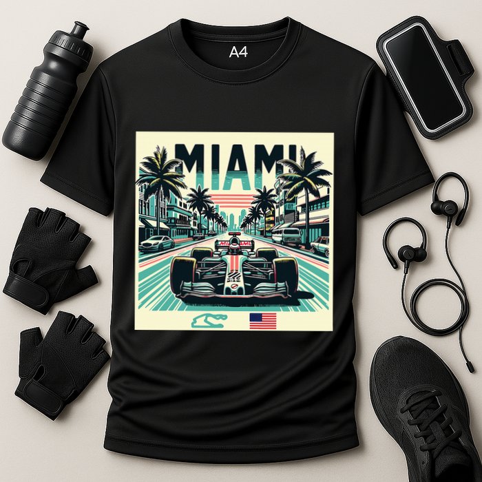 Formula Racing Open Wheel Car Retro Miami Circuit Usa Flag Performance Shirt